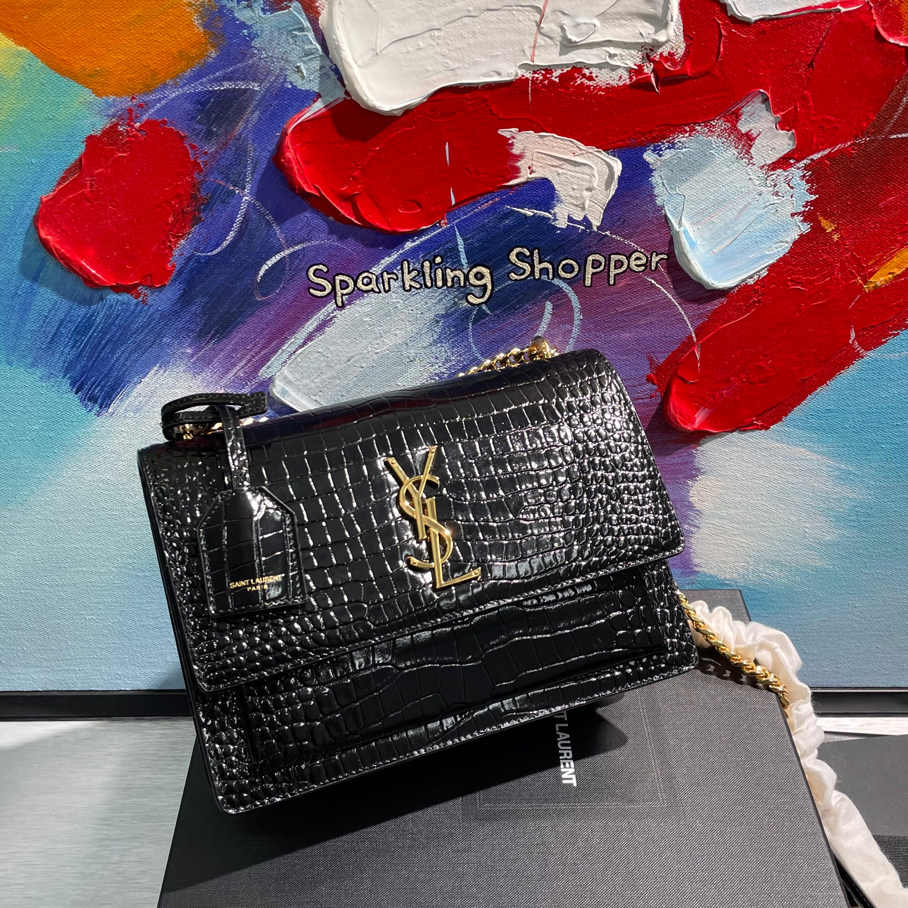 Saint Laurent Medium Croc Embossed Monogram Sunset