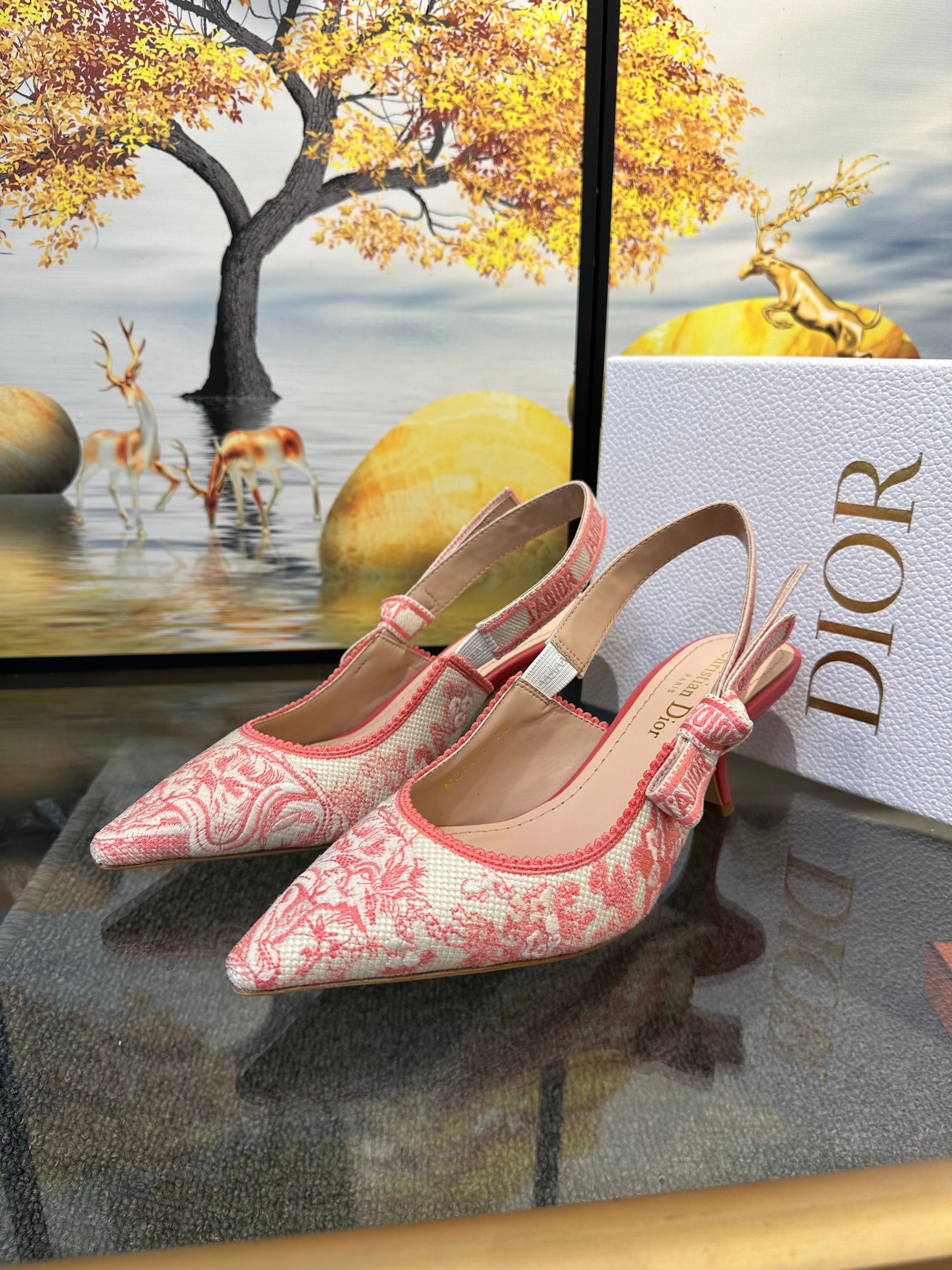 PINK AND ECRU J'ADIOR SLINGBACK TOILE DE JOUY EMBROIDERED COTTON PUMP