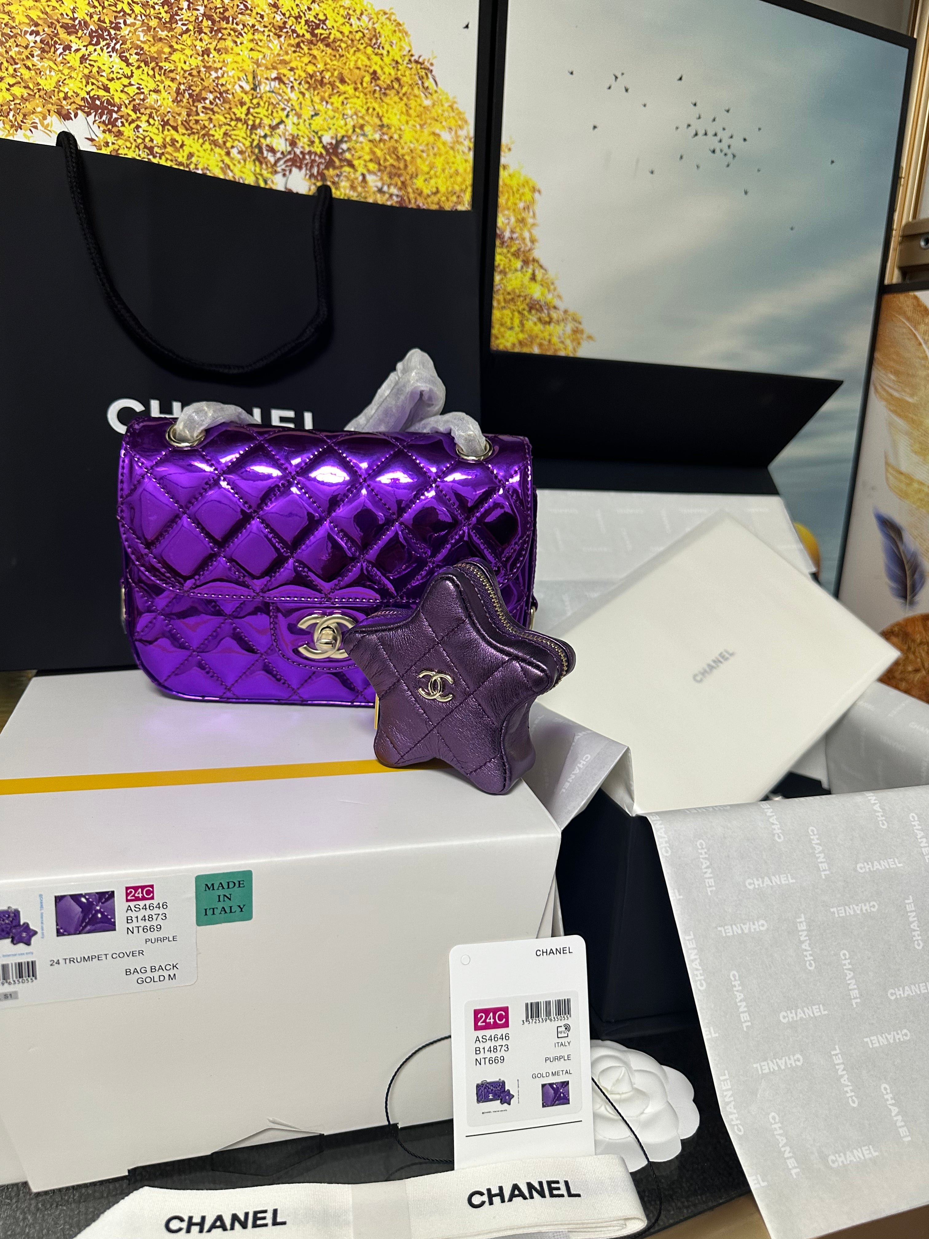 Chanel Mini Flap Bag & Star Coin Purse Purple Mirror Calfskin/Metallic Calfskin Light Gold Hardware