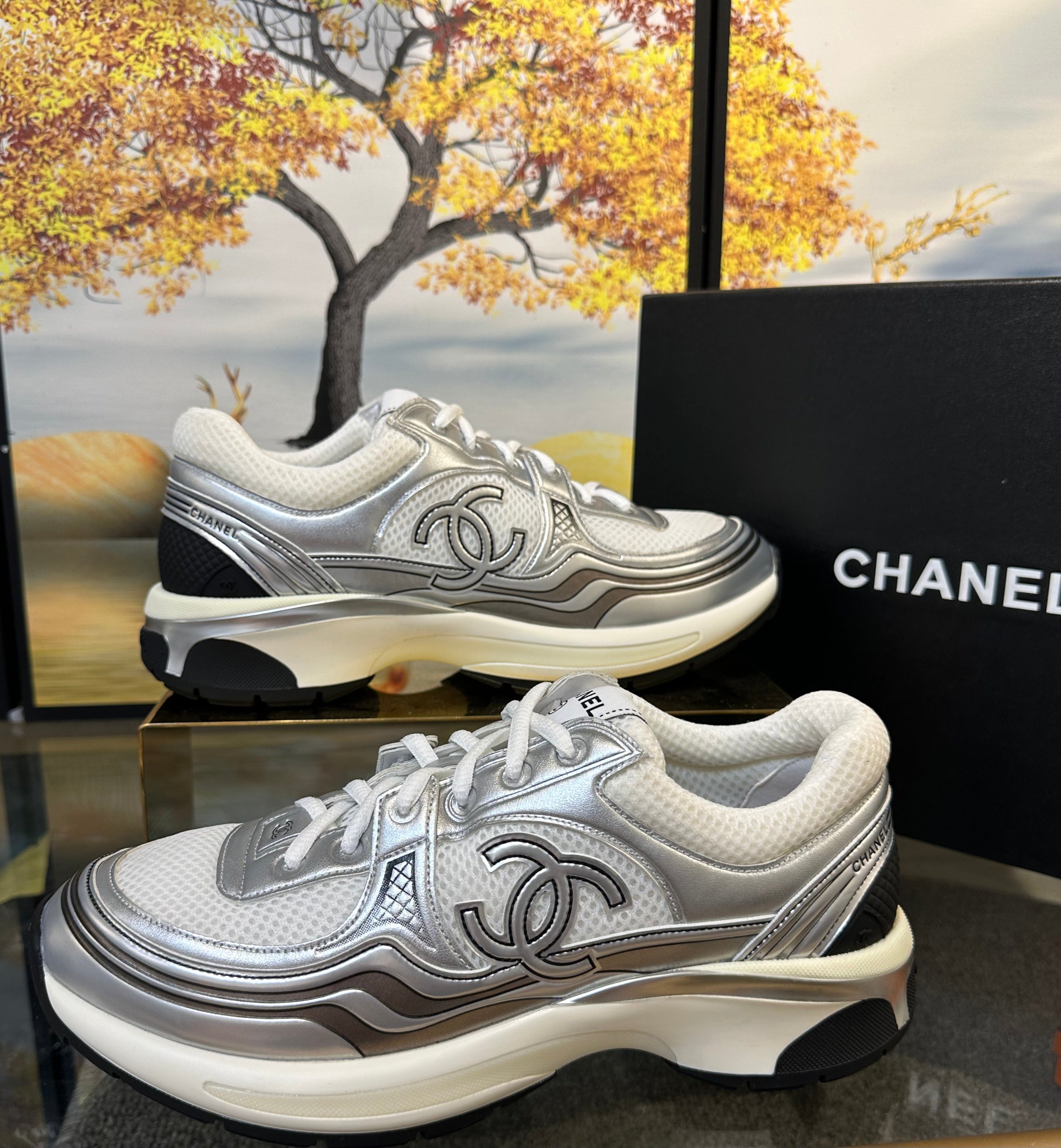 Chanel CC Logo Metallic Trainer (White/Silver)