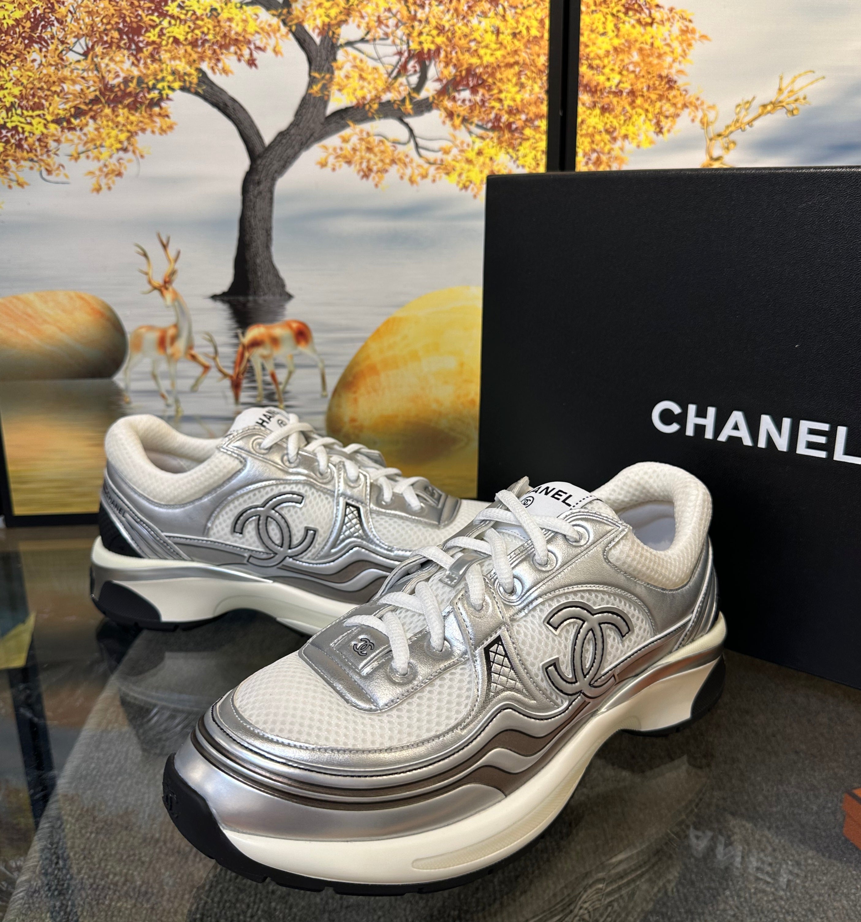 Chanel CC Logo Metallic Trainer (White/Silver)