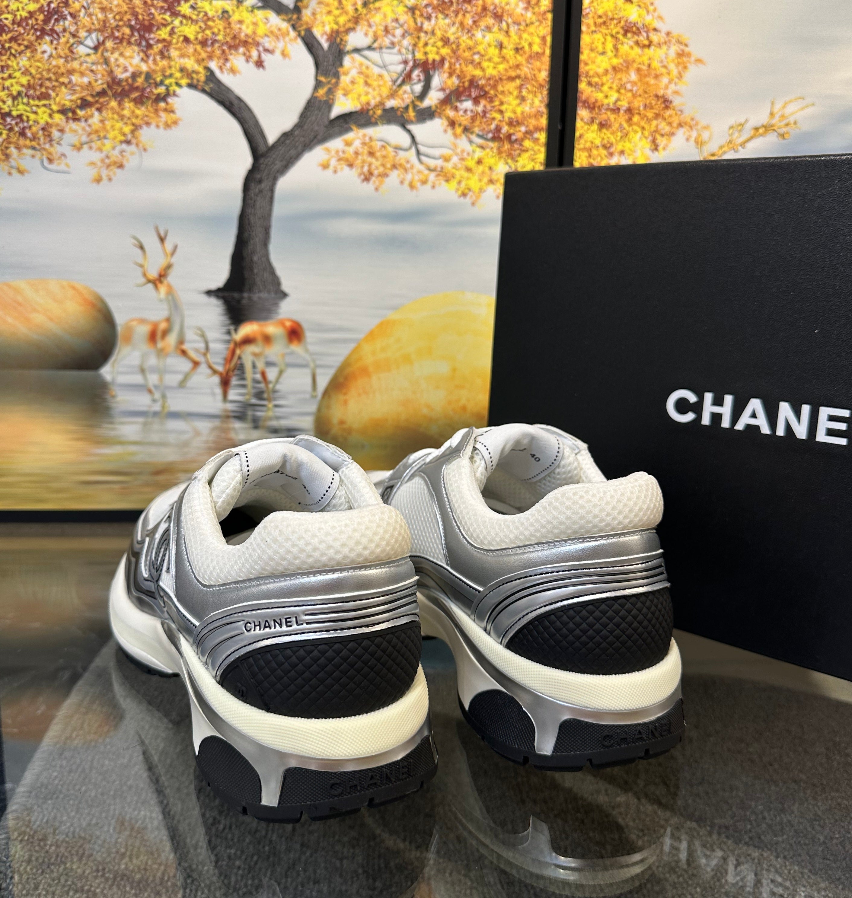 Chanel CC Logo Metallic Trainer (White/Silver)