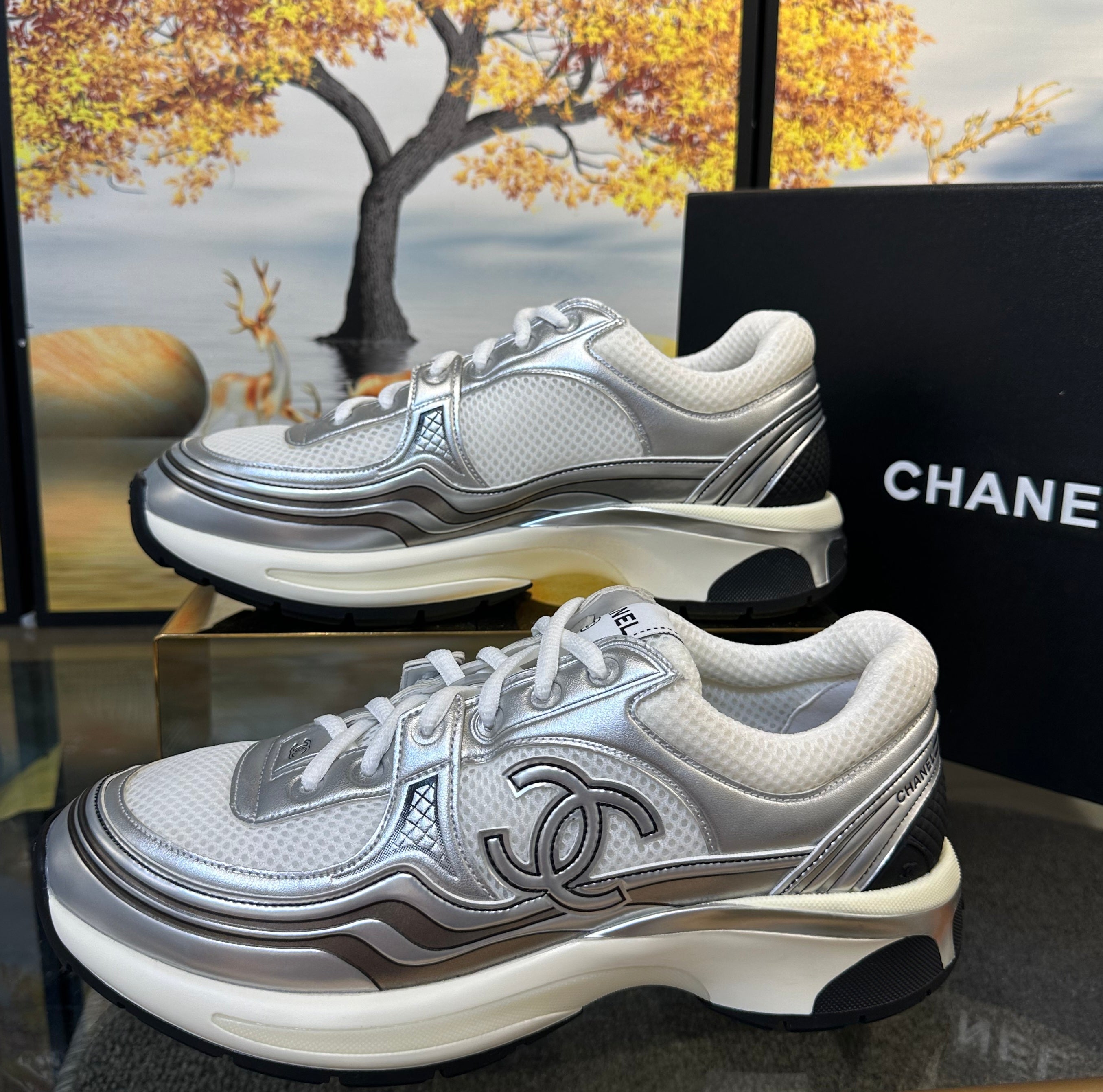 Chanel CC Logo Metallic Trainer (White/Silver)